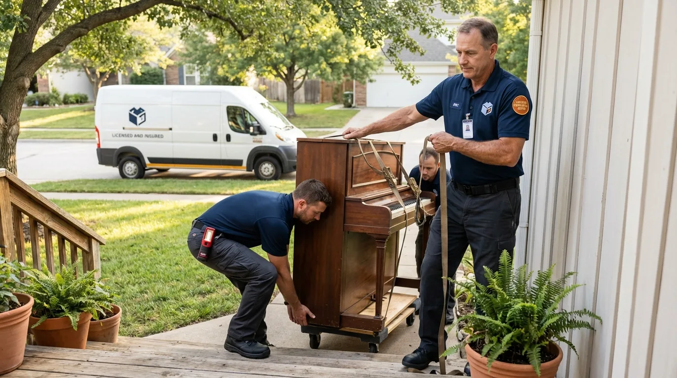Licensed piano movers securing grand piano in Villa Ridge, MO