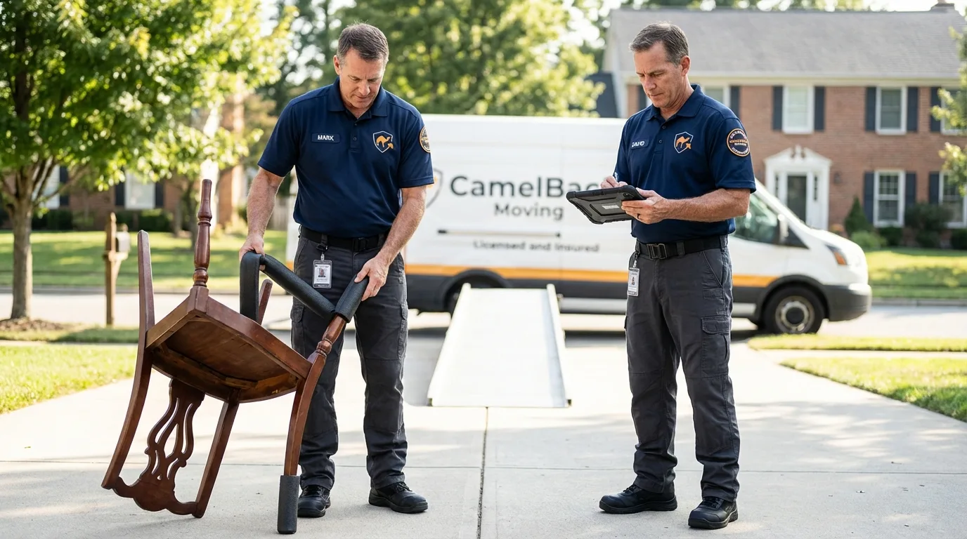 Movers inspecting furniture for damage prevention before loading in Villa Ridge, MO