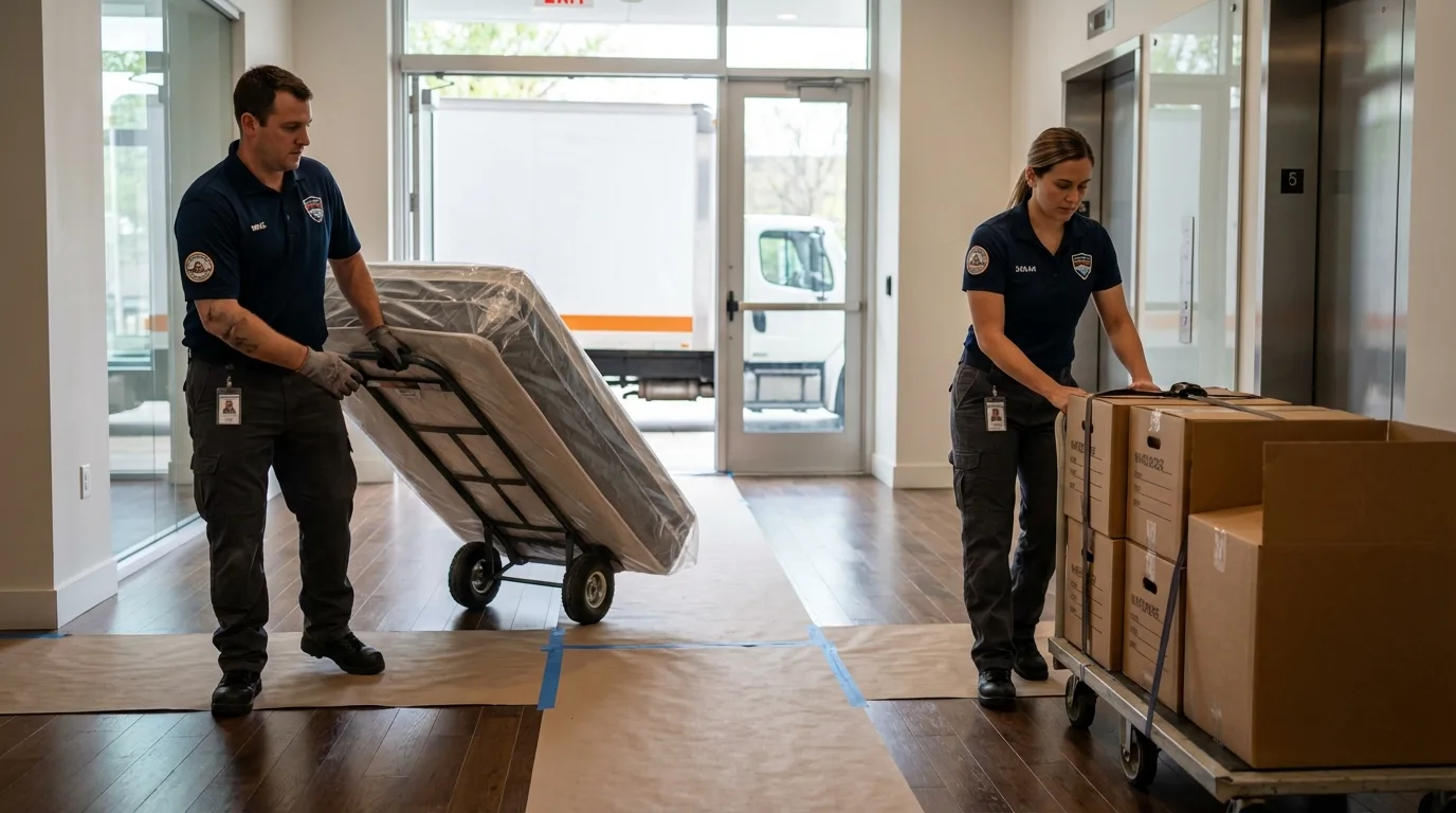 Professional apartment movers loading elevator in Villa Ridge, MO