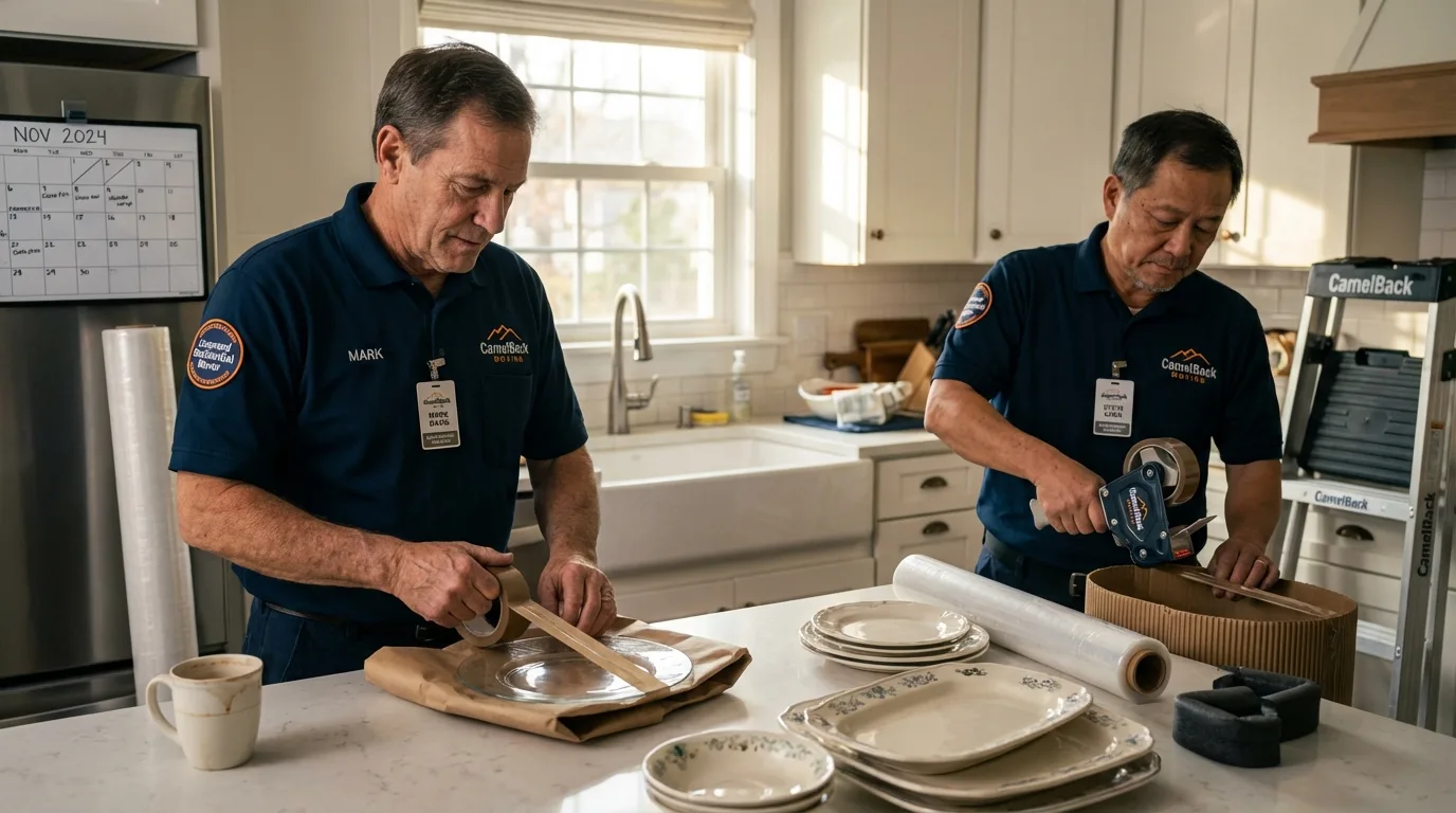 Professional crew packing kitchen dishware in Villa Ridge, MO